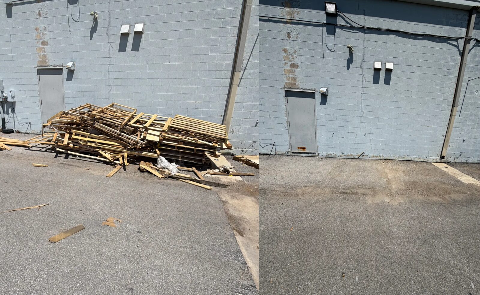 Commercial pallet and scrap wood clean-out before and after
